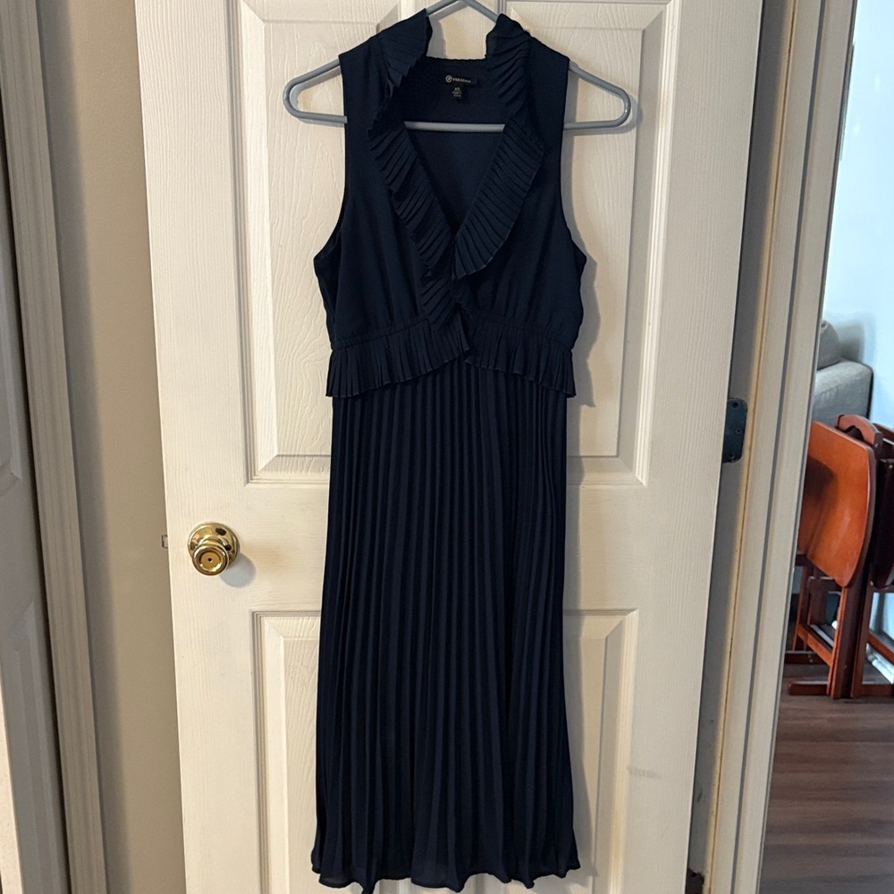 Versona Navy Sleeveless Pleated Midi Dress with Ruffle V-Neck